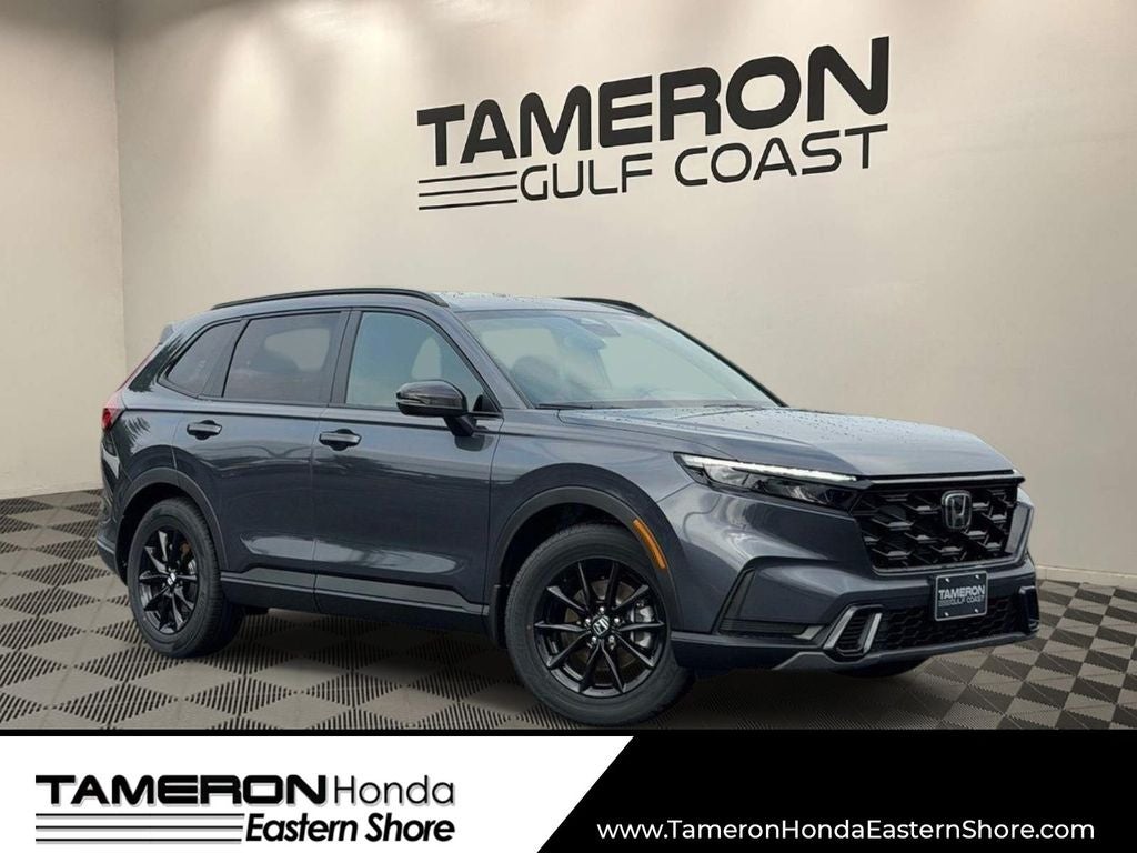 2026 Honda CR-V Hybrid Sport in Meteorite Gray Metallic — front three-quarter view